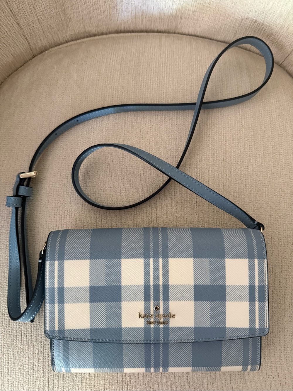 kate spade Brynn crossbody light blue and cream plaid with gold logo - Picture 1 of 7